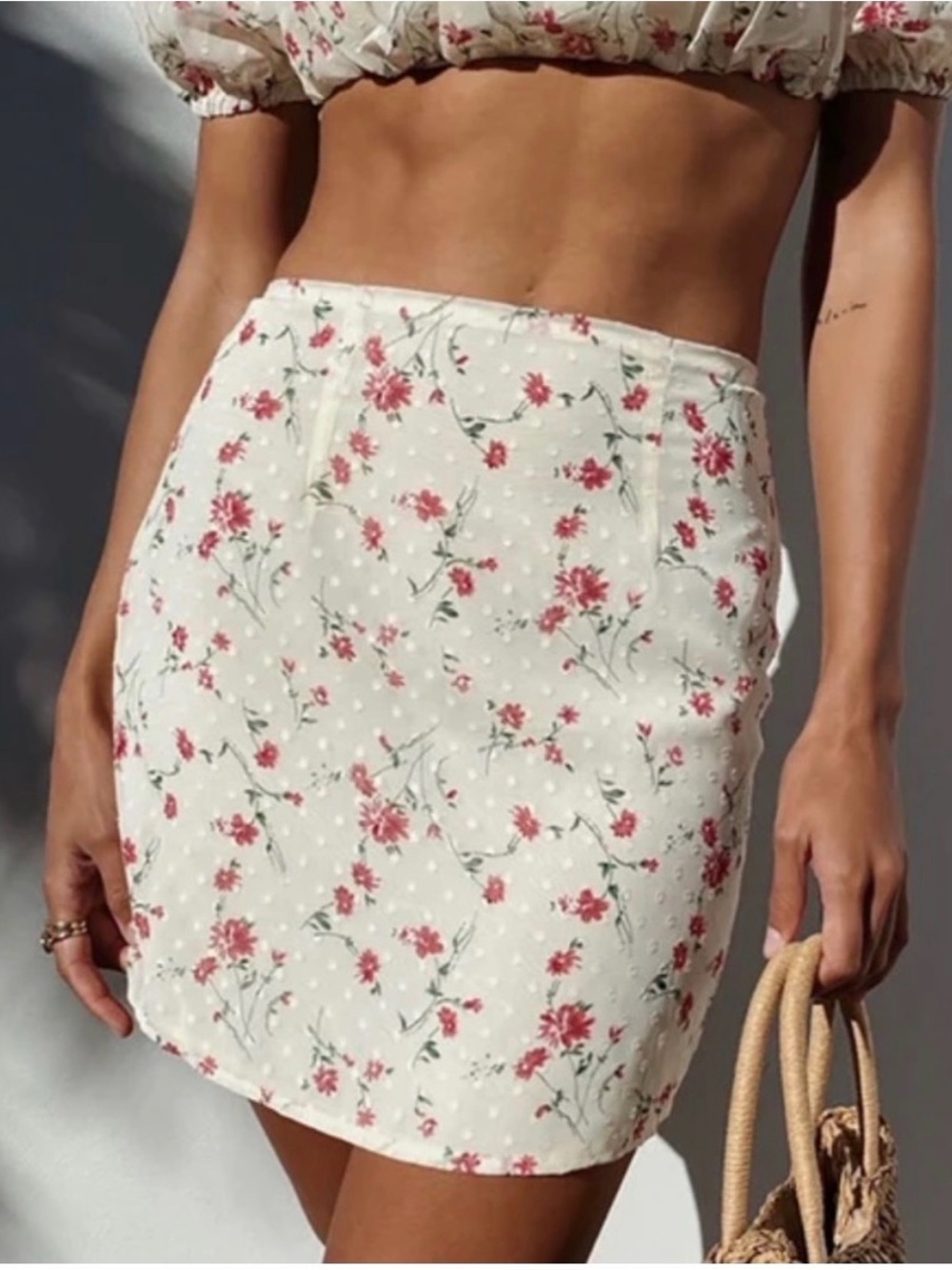 Sabo Floral Pink Mini Skirt on Cream Background